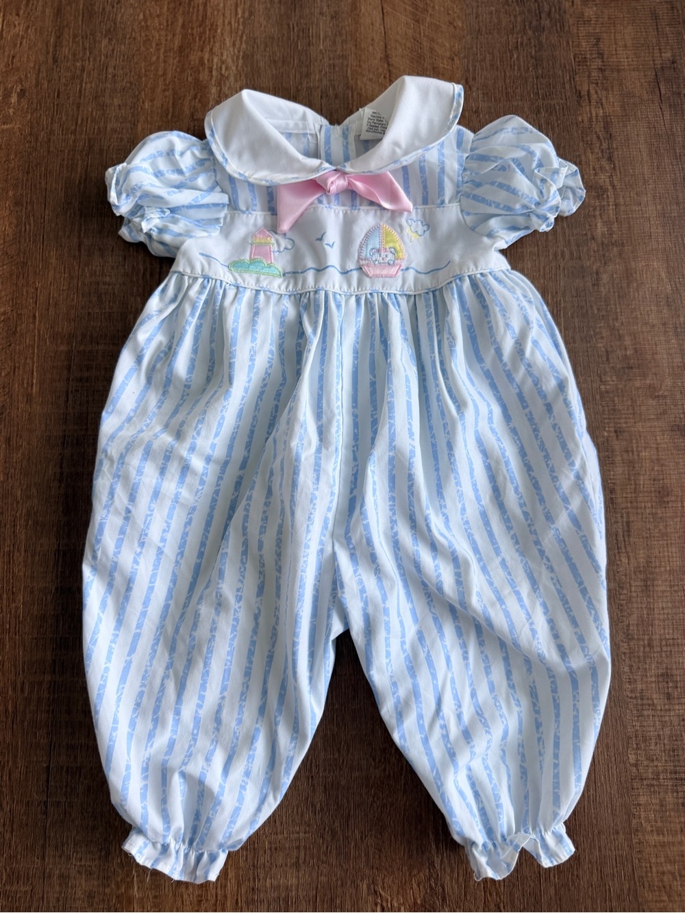 Classic Blue Striped Baby One-Piece with Pink Bow